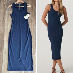 Vuori Pose Scoop Dress Blue Coast NWT Ribbed Side Ruching Back Slit Soft Modal